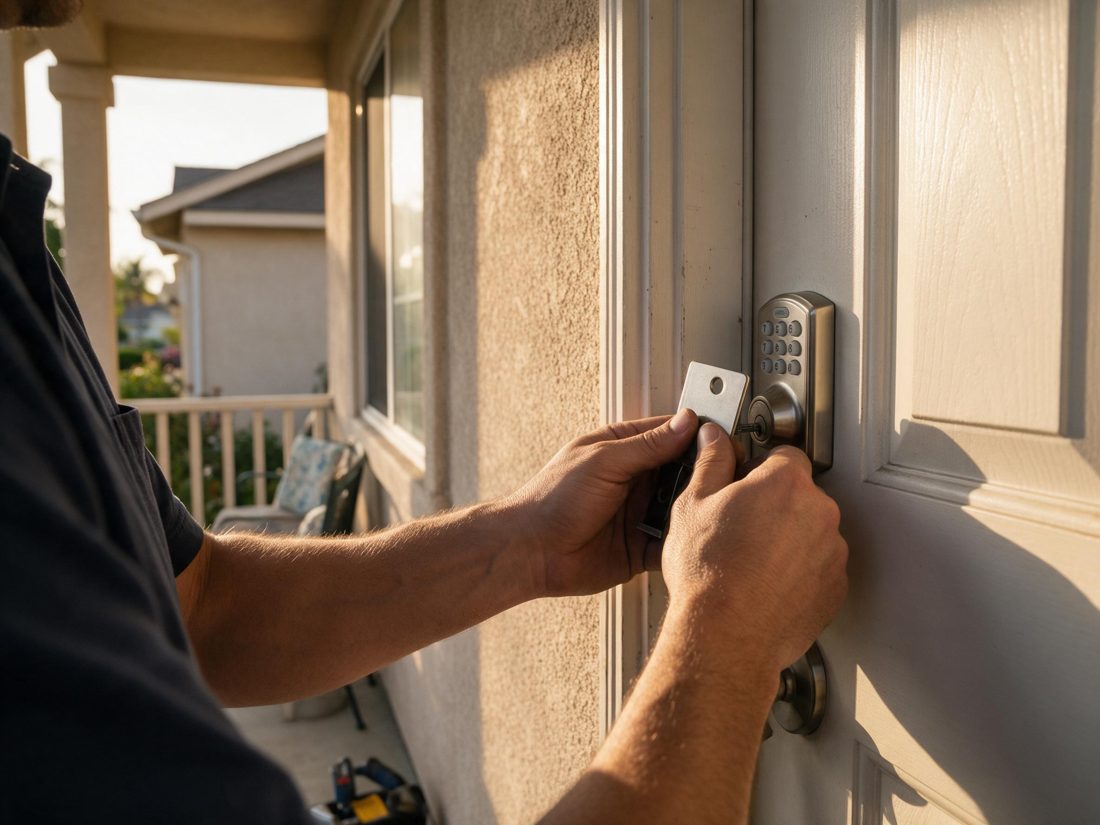 Close view of a locksmith fitting a keypad deadbolt on the porch door of a stucco Rancho Dominguez home in Rancho Dominguez, CA